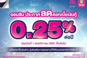 ออมสิน ประกาศลดดอกเบี้ยเงินกู้ 0.25% มีผล 1 พ.ย. 67 ตรึงดอกเบี้ยเงินฝาก ตามภารกิจส่งเสริมการออม