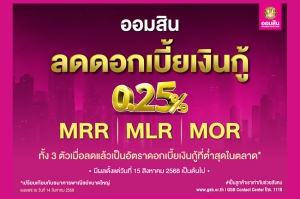 ออมสิน ประกาศลดดอกเบี้ยเงินกู้ทุกตัว 0.25% ทั้ง MRR MLR และ MOR มีผล 15 สิงหาคม 68 หวังช่วยกระตุ้นเศรษฐกิจทั้งระบบ