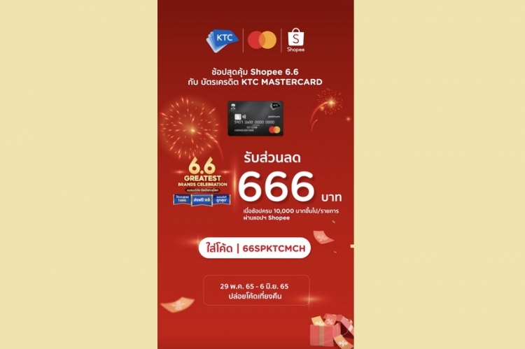 เคทีซีร่วมฉลอง Shopee 6.6 Greatest Brand Celebration  ด้วยส่วนลดสูงสุด 666 บาท เมื่อช้อปผ่านแอปฯ ช้อปปี้ ด้วยบัตรเครดิตเคทีซี