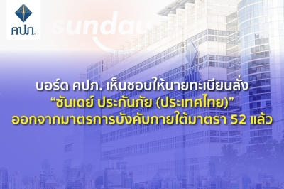 บอร์ด คปภ. เห็นชอบให้นายทะเบียนสั่ง “ซันเดย์ ประกันภัย (ประเทศไทย)”  ออกจากมาตรการบังคับภายใต้มาตรา 52 แล้ว