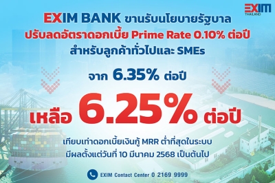 EXIM BANK ขานรับนโยบายรัฐช่วยภาคธุรกิจโดยเฉพาะ SMEs  ประกาศลดอัตราดอกเบี้ย Prime Rate 0.10% ต่อปี คงเหลือ 6.25% ต่อปี ต่ำที่สุดในระบบ