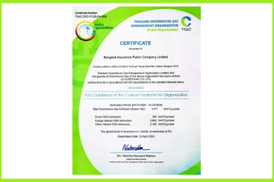 กรุงเทพประกันภัยได้รับประกาศนียบัตรเชิดชูเกียรติ “คาร์บอนฟุตพริ้นท์ขององค์กร” สะท้อนถึงความมุ่งมั่นสู่สังคมคาร์บอนต่ำ